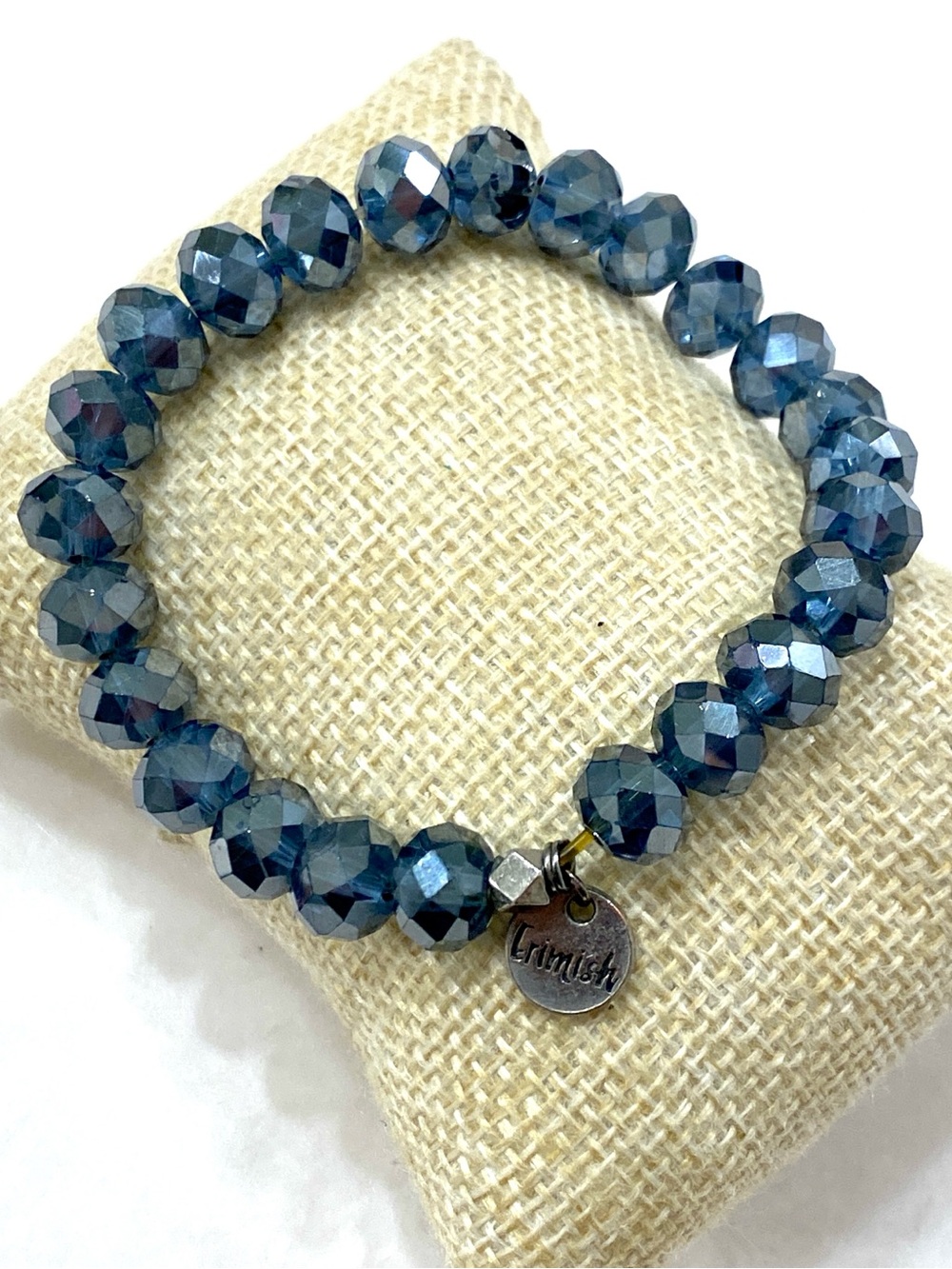 Erimish Denim Blue Faceted Crystal Stretch Stacking Bracelet Logo Tag